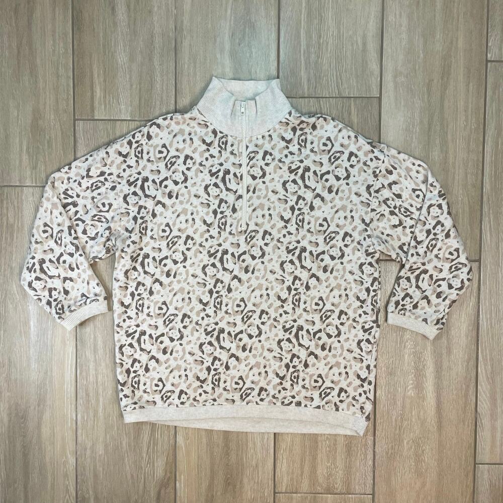 Aerie Leopard Print Pullover Women S Cream 1/4 Zip Fleece Sweatshirt Cozy Animal
